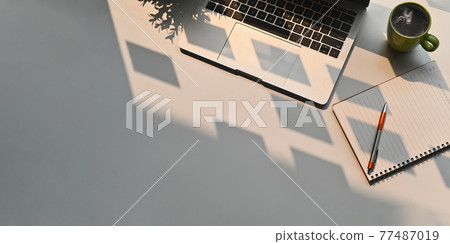 Top view image of computer laptop putting on white working desk that surrounded by potted plant, coffee cup, note and pen. Orderly workspace concept. 77487019