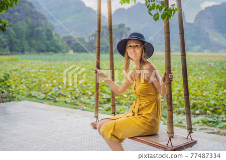 Young woman is swinging on a swing on the lotus field Young woman is swinging on a swing on the lotus field 77487334