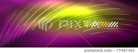 Neon glowing lines, magic energy and light motion background. Vector wallpaper template 77487393