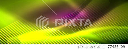 Neon glowing lines, magic energy and light motion background. Vector wallpaper template Neon glowing lines, magic energy and light motion background. Vector wallpaper template 77487409