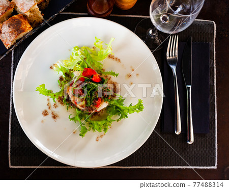 Codfish timbale with fried red peppers, arugula, olive oil 77488314