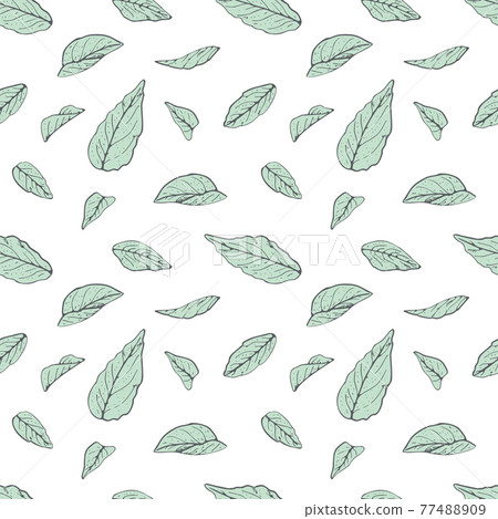 Seamless pattern with modern minimalist Turquoise line art leaves 77488909