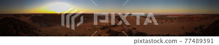 Aerial sunrise Panoramic view to Yoa lake group of Ounianga kebir lakes at the Ennedi, Chad 77489391