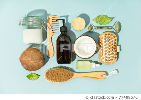 Spa coconut products flat lay, face, body and hair organic treatment concept 77489676