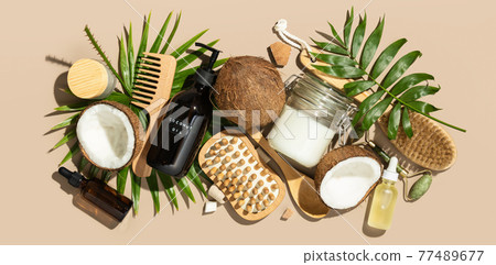 Spa coconut products flat lay, face, body and hair organic treatment concept 77489677