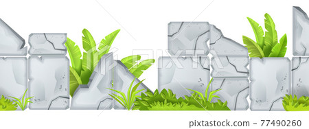 Seamless game stone background, vector environment cartoon rock border, jungle leaves, green bushes 77490260