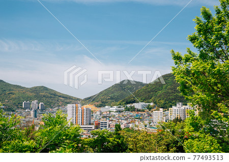 View of Yeosu city and mountains from Jasan Park in Yeosu, Korea 77493513