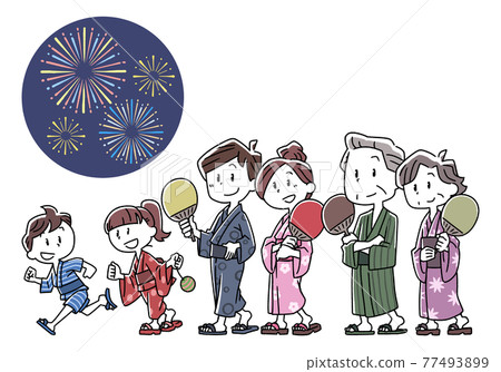 Illustration of a family going to a fireworks display 77493899