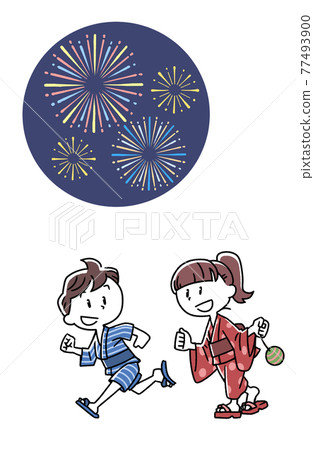 Illustration of a child going to a fireworks display 77493900