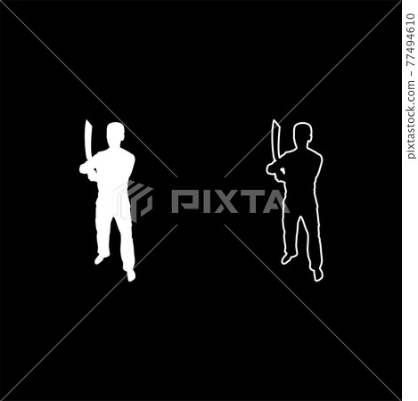 Man with sword machete Cold weapons in hand  77494610
