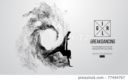 Abstract silhouette of a breakdancer, girl, woman, bgirl, breaker, breaking on the white background from particles, dust. Hip-hop dancer. Background can be changed to any other. Vector illustration Abstract silhouette of a breakdancer, girl, woman, bgirl, breaker, breaking on the white background from particles, dust. Hip-hop dancer. Background can be changed to any other. Vector illustration 77494767