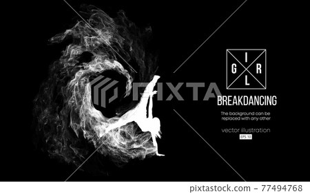 Abstract silhouette of a breakdancer, girl, woman, bgirl, breaker, breaking on the dark black background from particles. Hip-hop dancer. Background can be changed to any other. Vector illustration 77494768