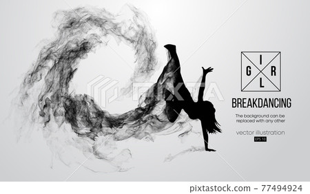 Abstract silhouette of a breakdancer, girl, woman, bgirl, breaker, breaking on the white background from particles, dust. Hip-hop dancer. Background can be changed to any other. Vector illustration 77494924
