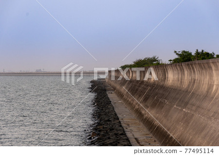 夕陽西下的傍晚海 落日照在堤岸上 變成了紅色 夕陽西下的傍晚海 落日照在堤岸上 變成了紅色 77495114
