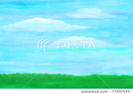 綠色草地和藍天水彩 77497049