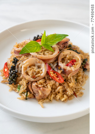 Basil and Spicy Herb Fried Rice with Squid or Octopus 77498488