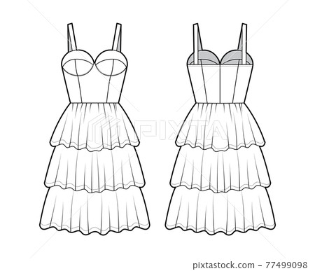 Bustier dress technical fashion illustration with sleeveless, cups, fitted body, 3 row knee length ruffle tiered skirt. Bustier dress technical fashion illustration with sleeveless, cups, fitted body, 3 row knee length ruffle tiered skirt. 77499098