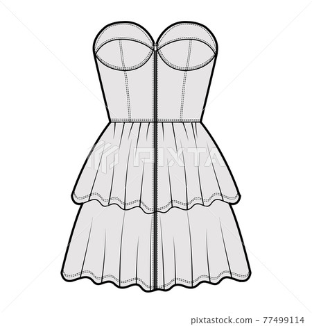 Zip-up bustier dress technical fashion illustration with strapless, fitted body, 2 row mini length ruffle tiered skirt.  77499114