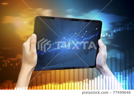 Close-up Of Business man's hand holding tablet showing stock market statistics gain profits and increase of chart positive indicators. Financial analysis, statistics. Concept of business strategy. 77499646