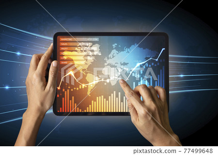 Close-up Of Business man's hand holding tablet showing stock market statistics gain profits and increase of chart positive indicators. Financial analysis, statistics. Concept of business strategy. Close-up Of Business man's hand holding tablet showing stock market statistics gain profits and increase of chart positive indicators. Financial analysis, statistics. Concept of business strategy. 77499648