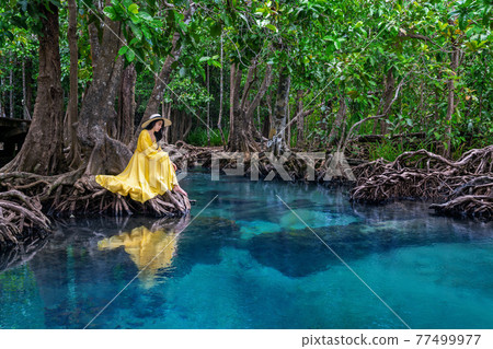 Woman sitting on Tapom in Krabi, Thailand. Woman sitting on Tapom in Krabi, Thailand. 77499977