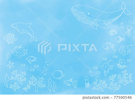 Illustration of tropical fish, dolphins and whales swimming in the sea 77500546