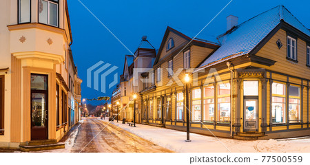 Parnu, Estonia. Night View Of Famous Ruutli Street With Old Buildings And Houses In Evening Night Illuminations. 77500559