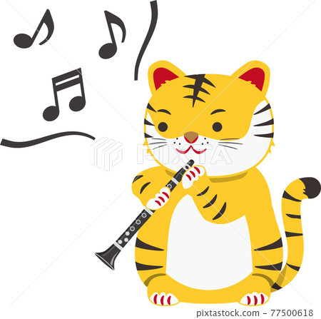一隻老虎吹著音符的單簧管 77500618