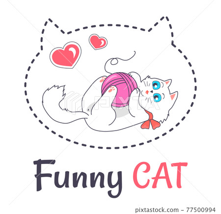 Funny White Cat Plays Woolen Thread Ball Vector 77500994