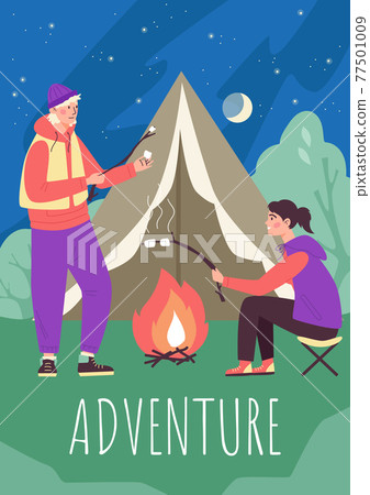 Banner with couple of tourists traveling in nature, flat vector illustration. 77501009