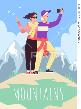 Banner with couple having adventure in mountains, flat vector illustration. Banner with couple having adventure in mountains, flat vector illustration. 77501011