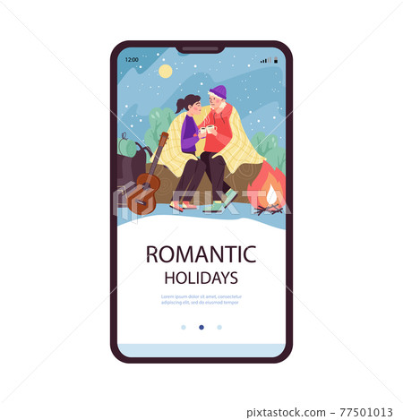 Girl and guy together enjoying romantic holidays sitting near bonfire outdoor. Girl and guy together enjoying romantic holidays sitting near bonfire outdoor. 77501013