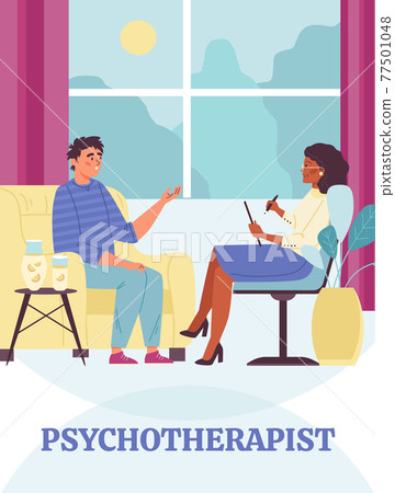 Woman psychotherapist talking with unhappy young man having mental problem. 77501048