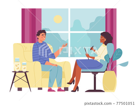 Woman psychologist talking unhappy young man having problem a vector illustration 77501051
