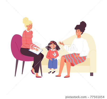 Mother and child at reception of psychologist, flat vector illustration isolated. Mother and child at reception of psychologist, flat vector illustration isolated. 77501054