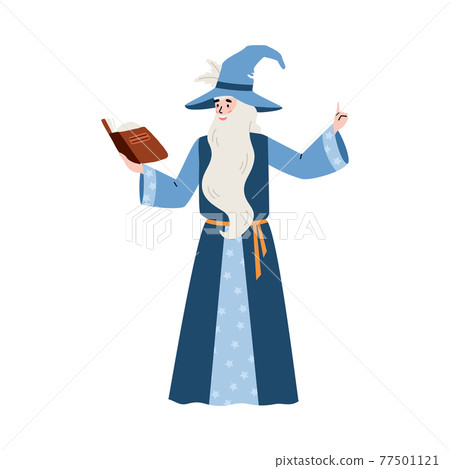Medieval old magician holding magic book flat vector illustration isolated. 77501121