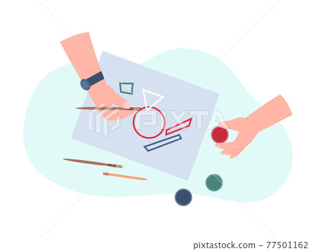 Top view on hands drawing abstract shapes, flat vector illustration isolated. 77501162