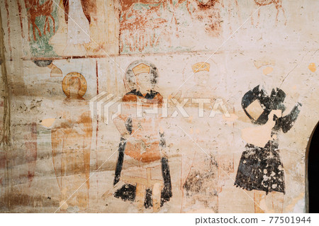 Ancient Frescoes In Walls Of Caves Of David Gareja Monastery Complex. Davit Gareji Monastery Is Located Is Southeast Of Tbilisi, In Historical Region Sagarejo. It Was Founded In 6th Century Ancient Frescoes In Walls Of Caves Of David Gareja Monastery Complex. Davit Gareji Monastery Is Located Is Southeast Of Tbilisi, In Historical Region Sagarejo. It Was Founded In 6th Century 77501944