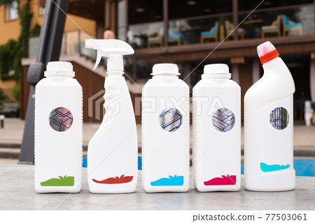 Variety house cleaning product on table with copy space 77503061