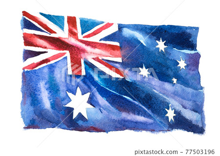 Australia, Australian flag. Hand drawn watercolor illustration. 77503196