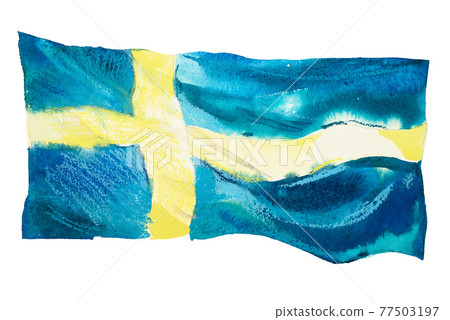 Sweden, Swedish flag. Hand drawn watercolor illustration. 77503197