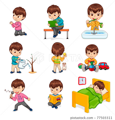 Boy Does Daily Routine Actions Illustrations Set Boy Does Daily Routine Actions Illustrations Set 77503311