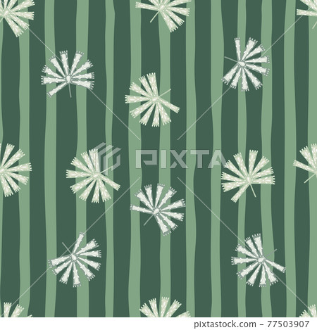 Random seamless tropic pattern with folk licuala palm silhouettes on green striped background. 77503907