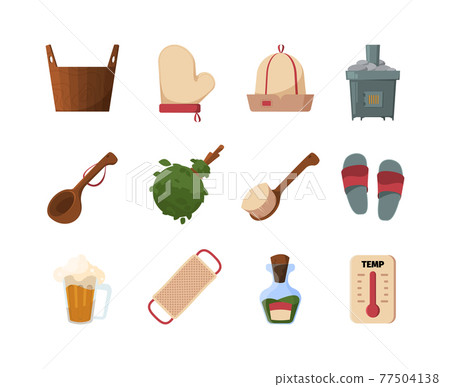 Wooden sauna. Luxury spa items bathing tools wooden bucket textile towels garish vector bathroom accessories illustration 77504138