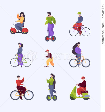 Urban transport. People riding motorbike in city outdoor vehicles electro scooter motorbike segway longboard garish vector stylized flat characters isolated Urban transport. People riding motorbike in city outdoor vehicles electro scooter motorbike segway longboard garish vector stylized flat characters isolated 77504139