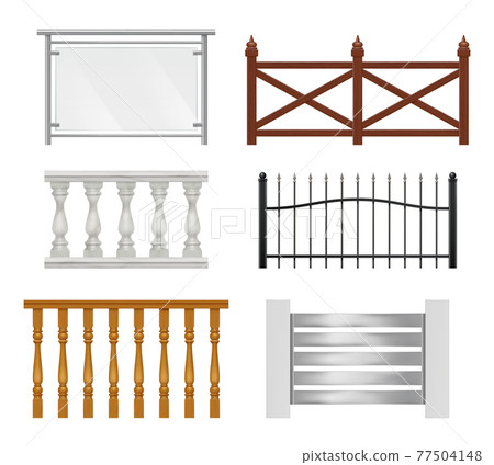 Architectural railing. Wooden metal plastic or glass sections for balcony handrails pillar decoration vector realistic collection 77504148