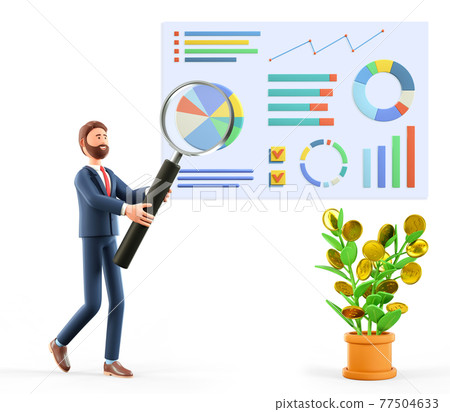 3D illustration of man with huge magnifying glass researching a business dashboard with graphs. 3D illustration of man with huge magnifying glass researching a business dashboard with graphs. 77504633