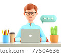 3D illustration of smiling man using laptop and working at the desk in office with coffee cup. 77504636