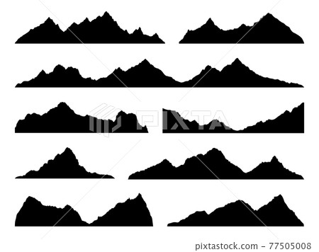 Mountains silhouettes black. Skyline ranges, high mountain hike landscape, alpine peaks. Extreme hiking nature border. Horizontal panorama template, decor elements vector isolated set 77505008