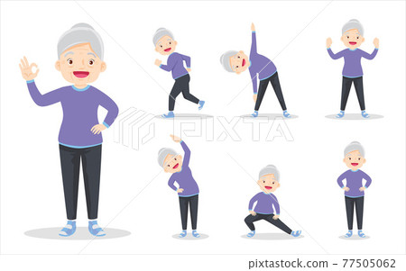 bundle set of smart elderly woman on exercise various actions bundle set of smart elderly woman on exercise various actions 77505062